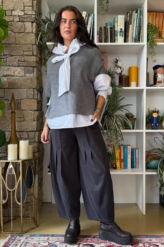 Oxford Stretch Herringbone Box Pleat Pant Charcoal